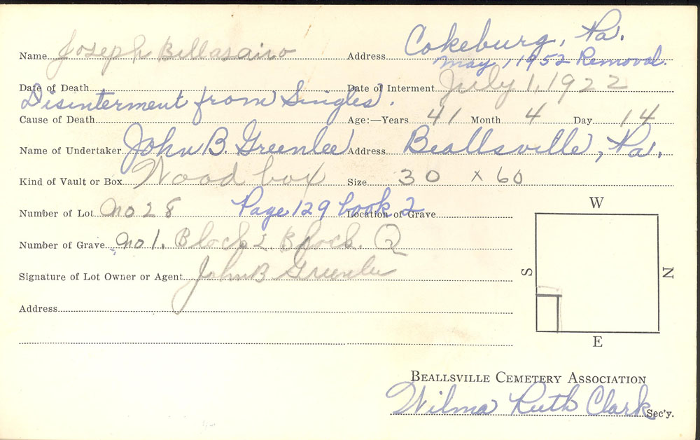 Joseph Bellisario  burial card